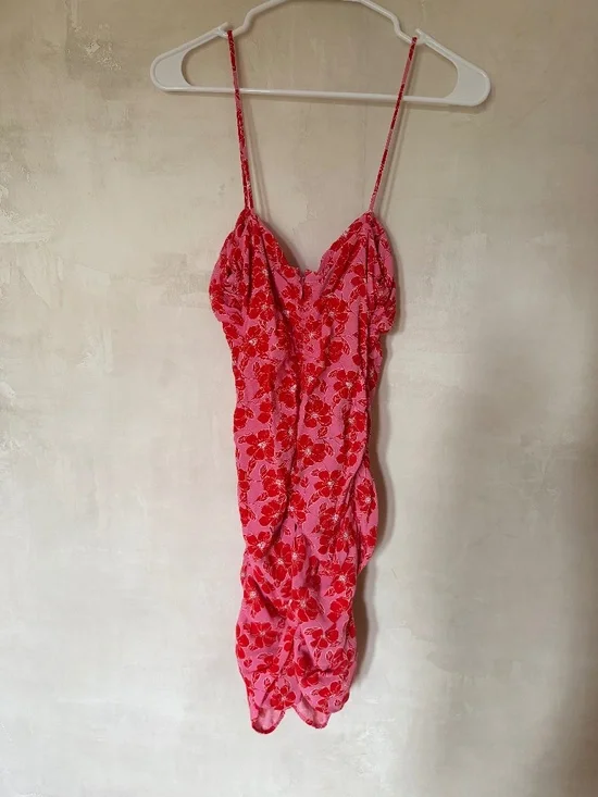 Zara Women's Pink Red Floral Twisted Bodice Mini Dress Spaghetti Strap M New - Picture 2 of 5
